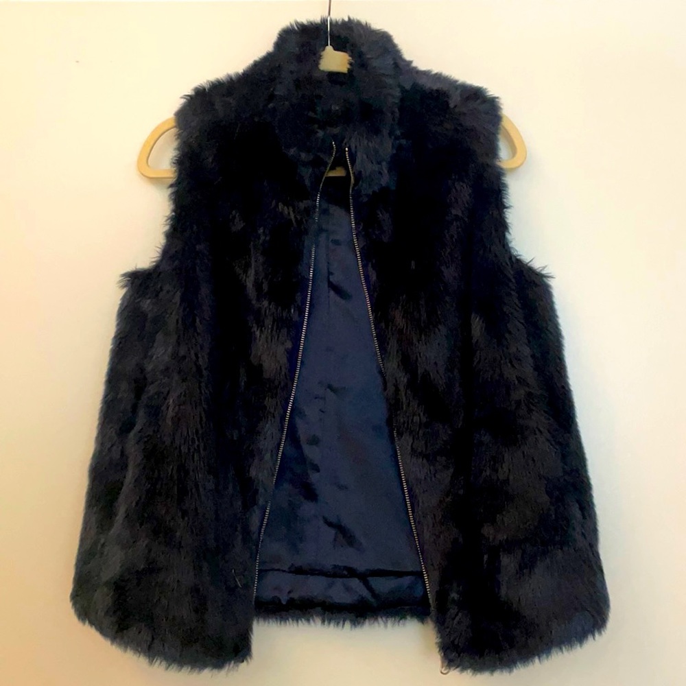 J.Crew Women’s Faux Fur Vest, Satin lining, Navy XS